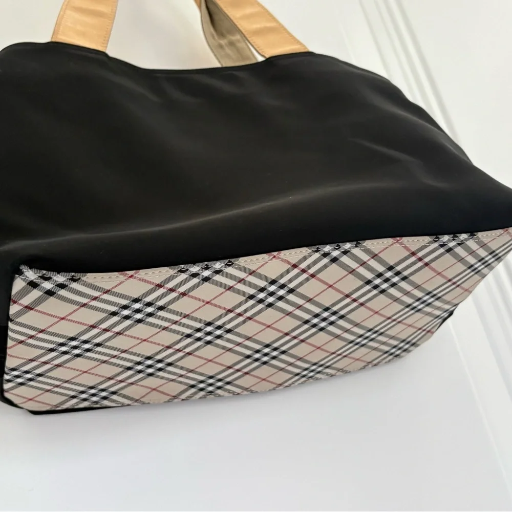 Burberry Black Canvas Tote/ Tan Leather Handles with Nova Check Bottom/Interior - Picture 9 of 16